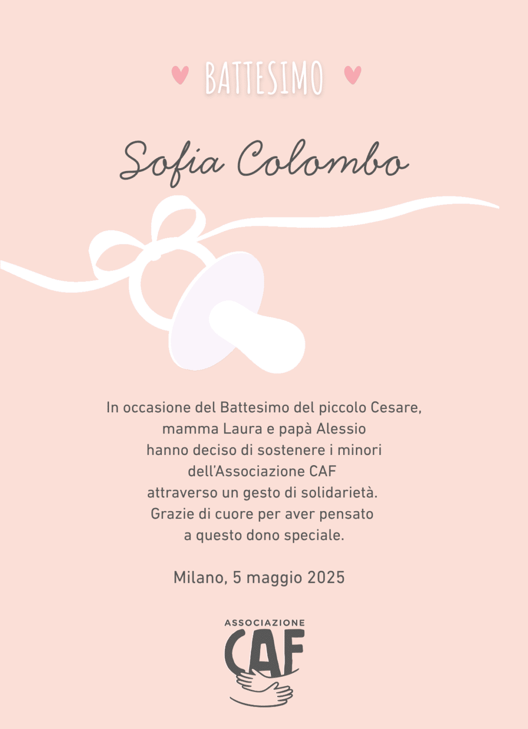 Pergamena solidale battesimo - Associazione CAF